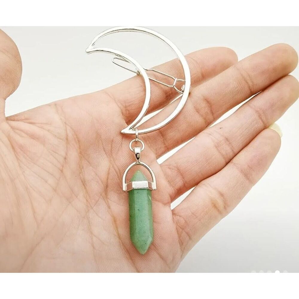 Barrette Crescent Moon Silver Prasiolite Green Quartz Natural Obelisk Dangle